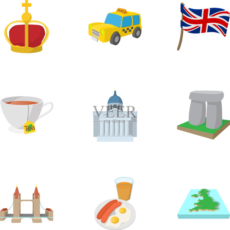 英国旅游图标卡通风格图标素材