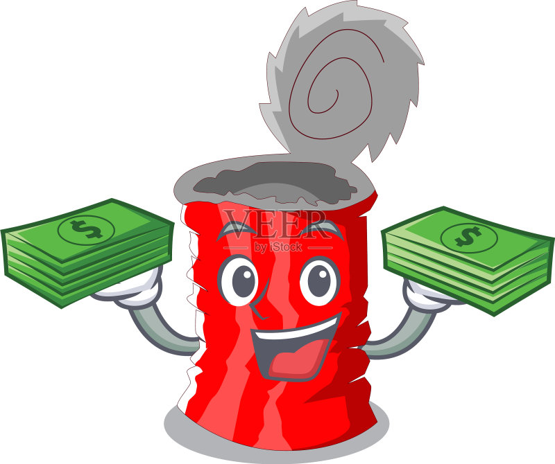 带有金钱元素的金属罐卡通套装图标素材