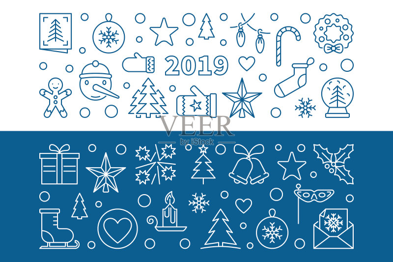 2019年蓝色轮廓新年banner图标素材