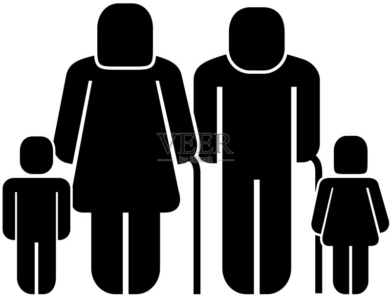 老年男人和女人与孙子孙女的象形图图标素材