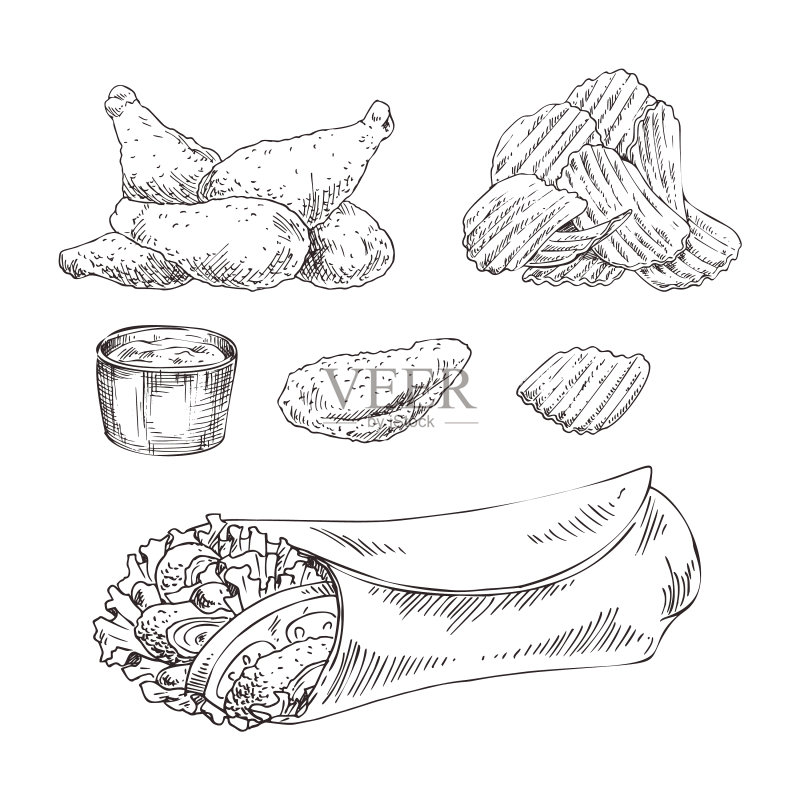 手绘单色快餐素描套餐图标素材
