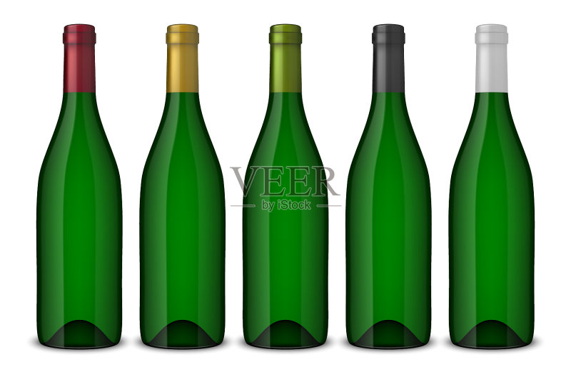 5个逼真的绿色葡萄酒瓶套装图标素材