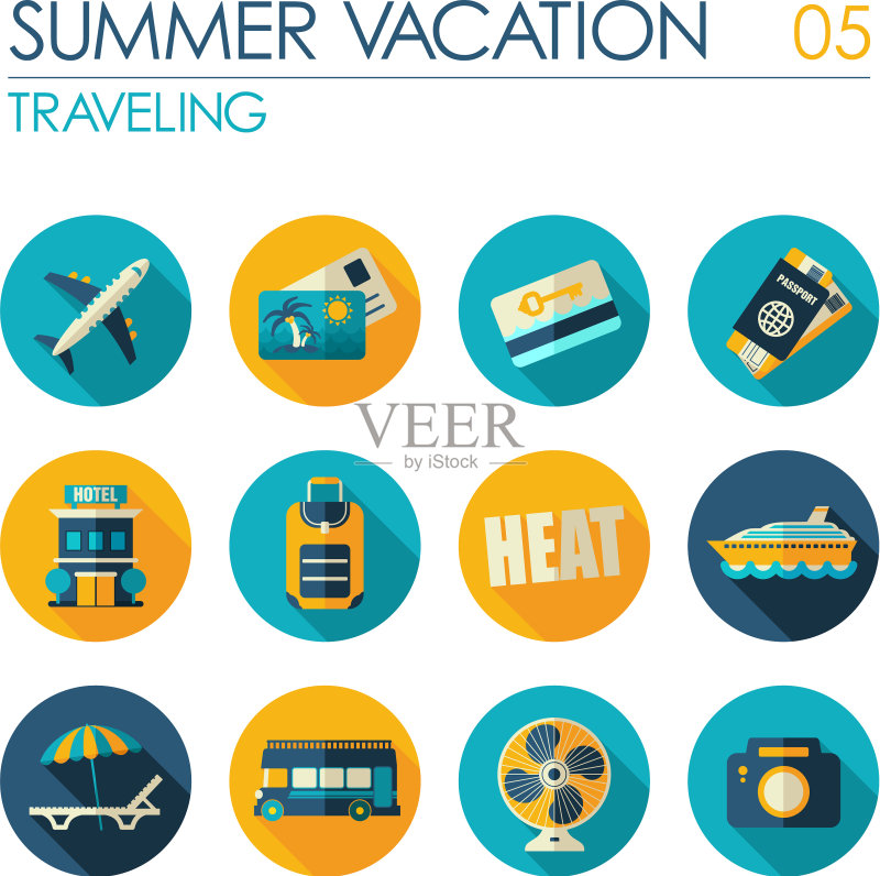 夏日假期旅行扁平风格图标集图标素材