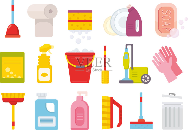 清洁用品家庭清洁工具刷子水桶图标素材