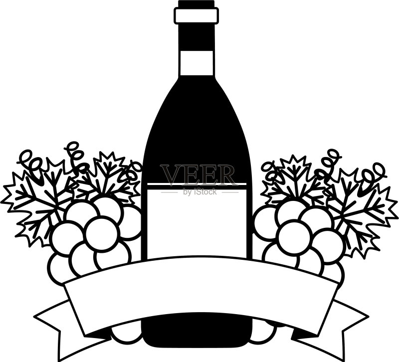 葡萄酒瓶和葡萄彩带图标素材