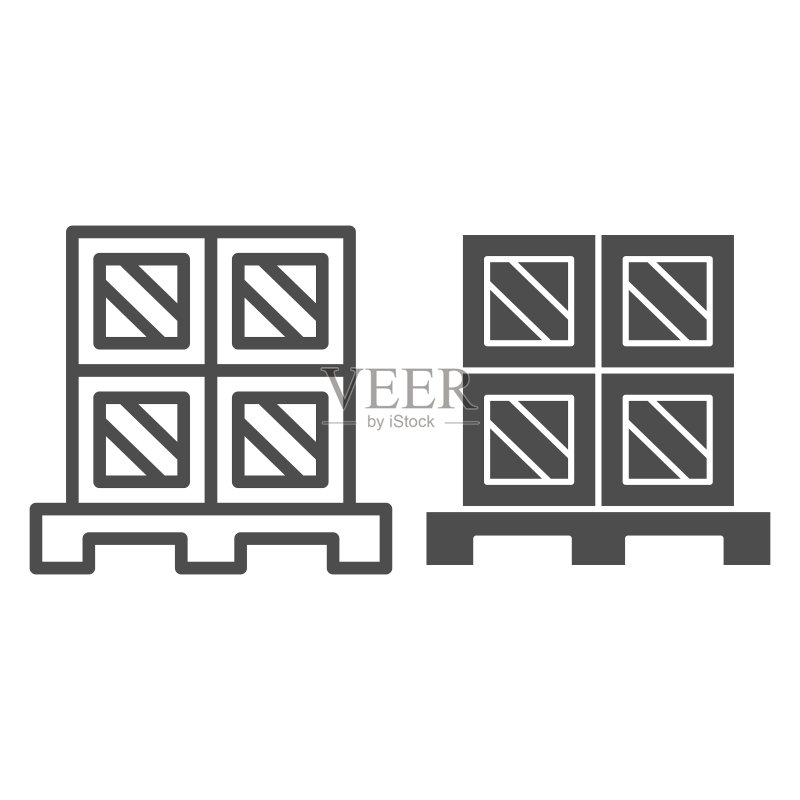 货箱托盘线性图标和实体图标:仓库和物流符号,白色背景上的木制托盘矢量标志上的纸板箱,纸箱交付包装图标轮廓样式,矢量图形图标素材