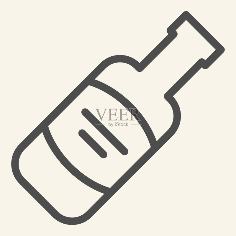 酒瓶线性图标:米色背景上的酒精饮料符号轮廓,梅洛或赤霞珠标志矢量图图标素材