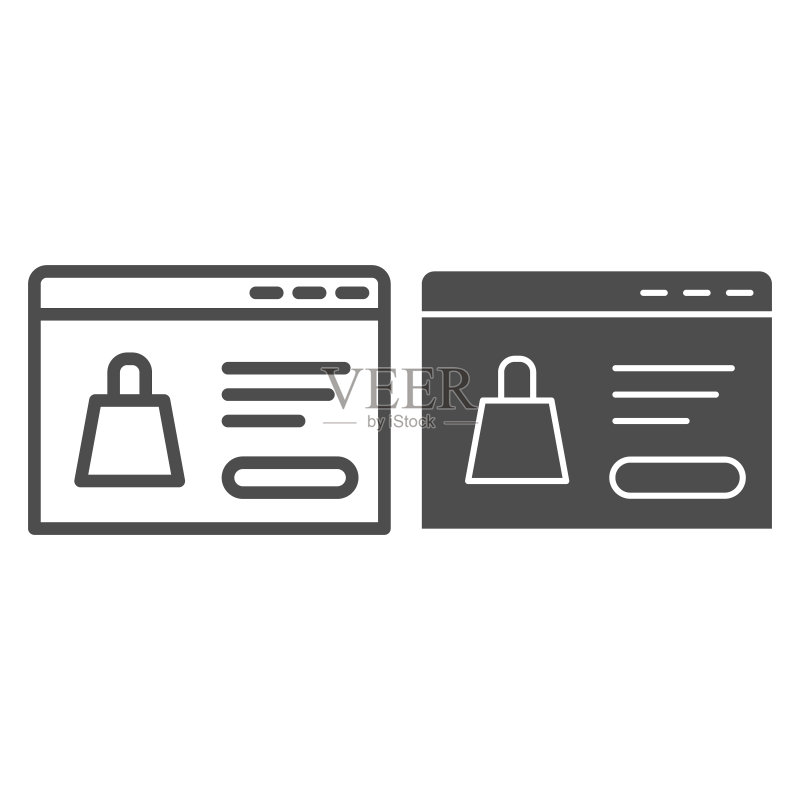 产品网站线和实体图标,在线商店和电子商务符号,带有网页的桌面矢量标志在白色背景上,带有女士包图标的着陆页,移动和网络矢量图标素材