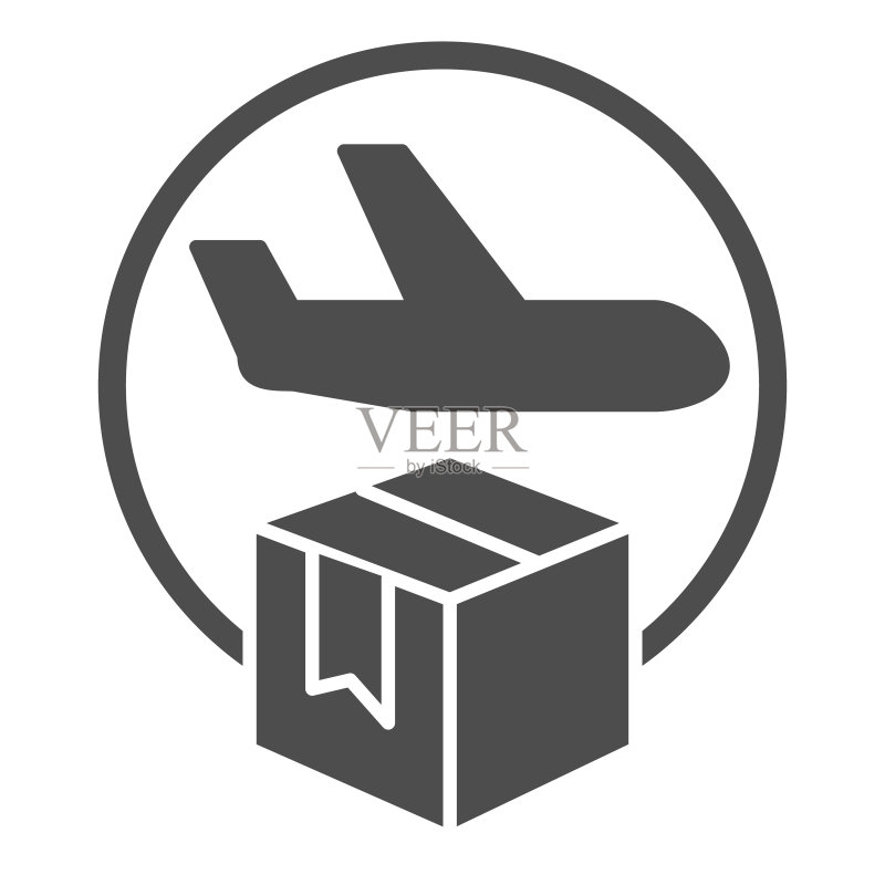 航空邮件和纸板包装实体图标,运输和物流标志,白色背景上的航空货运载体与包裹矢量标志,带有盒子字形图标的交付货机矢量图图标素材