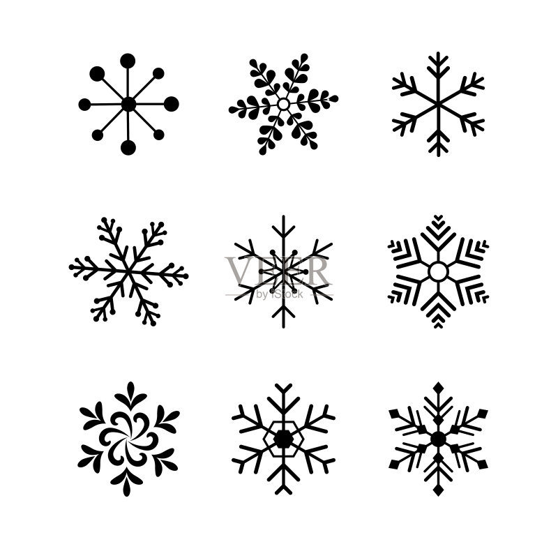 不同风格的黑色雪花图标合集:圣诞卡装饰设计元素图标素材