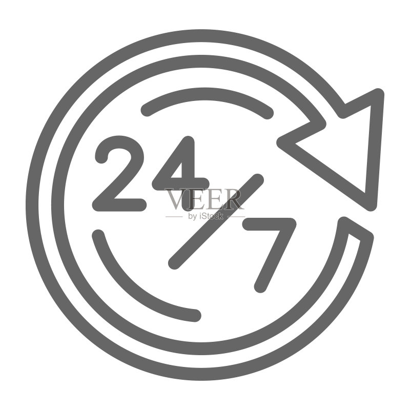 我们提供24/7全天候送货服务,物流符号,客户送货呼叫中心矢量标志,白色背景,营业时间轮廓样式图标。矢量图形图标素材