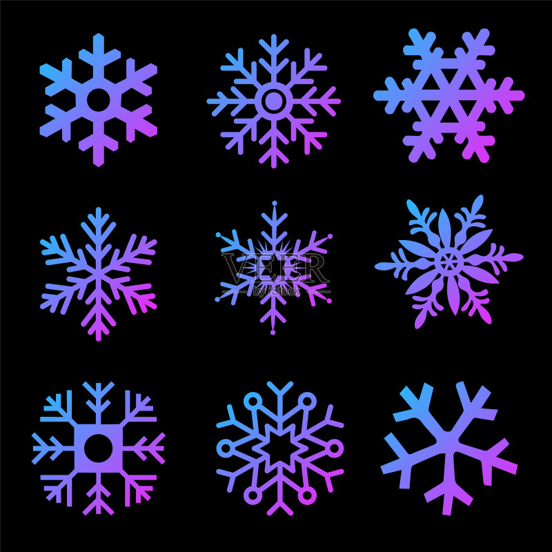 黑色背景上的现代渐变雪花合集图标素材