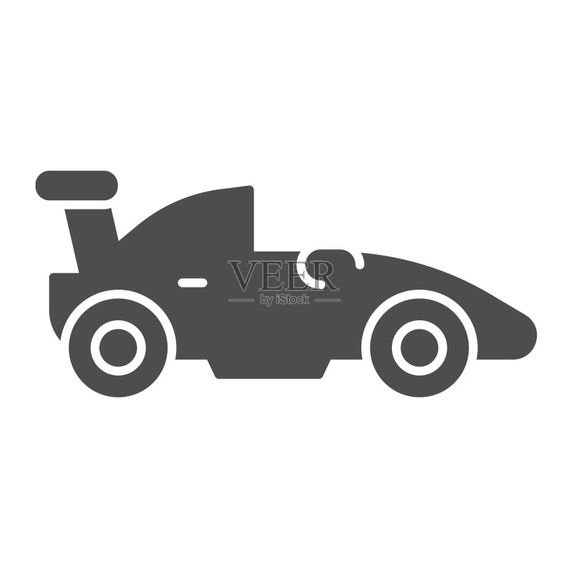 赛车实体图标。赛车汽车符号,白色背景上的字形样式象形图。图标素材