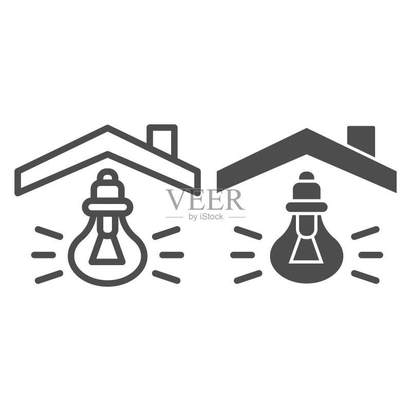 房屋屋顶下的灯泡线条和实心图标:房屋照明符号,白色背景上的灯轮廓样式象形图,用于移动概念、网页设计的耗电标志矢量图形图标素材
