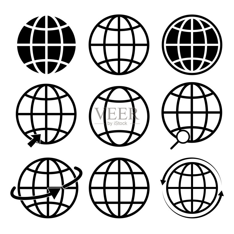 地球矢量图标集:全球通信图标集,地球行星图标集,白色背景上孤立图标素材