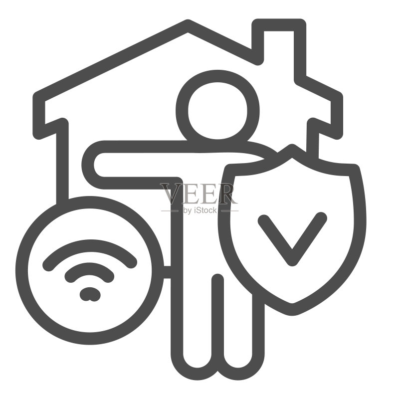 家庭安全警卫和无线连接线性图标,智能家居安全保护矢量标志图标素材