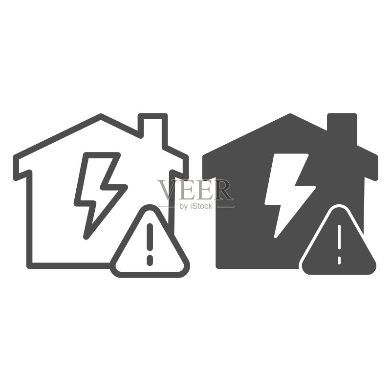 房屋电力闪电与警告三角形线条和实心图标,智能房屋符号,白色背景上的家庭能源矢量标志,建筑物内闪电轮廓样式图标,矢量图形图标素材