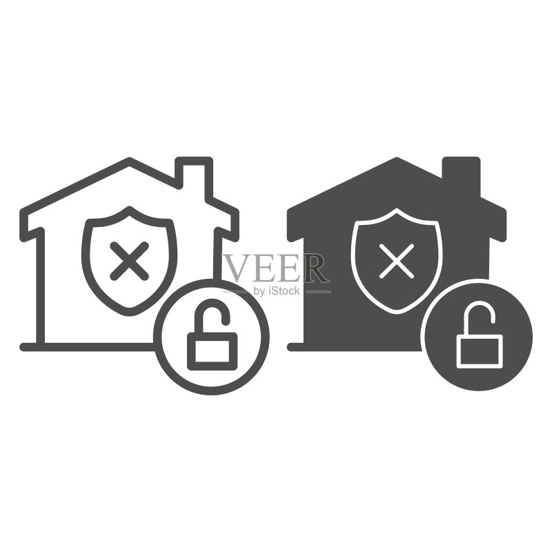 未受保护的建筑物标志和开锁线条实体图标,智能家居符号,财产安全和保护矢量标志白色背景,房屋图标轮廓中已取消的安全盾牌。矢量。图标素材