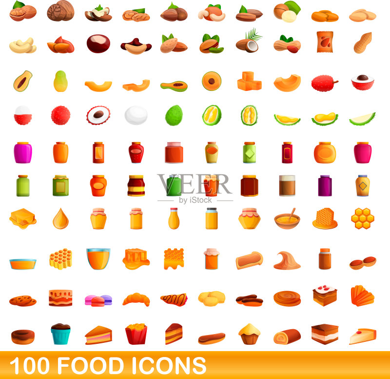 100个食物图标集,卡通风格图标素材