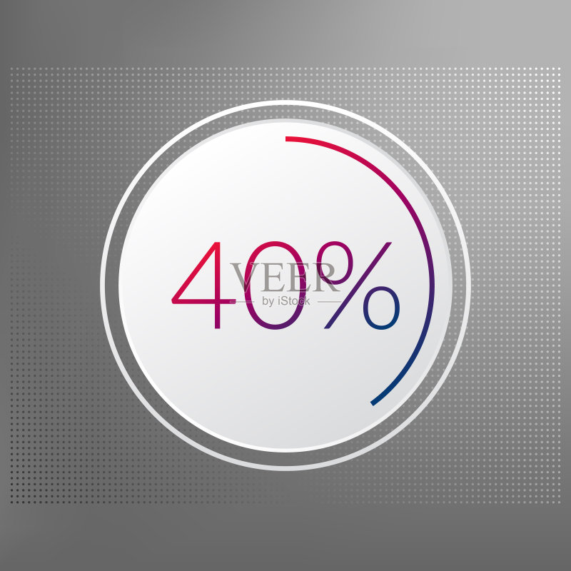 40%圆形图表符号。矢量红蓝渐变元素。灰色虚线背景上的信息图表标志。用于商业、金融、报告、网页设计、下载的插图、图标图标素材