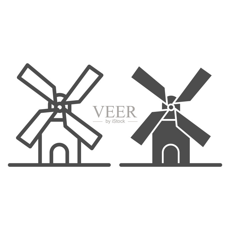 磨坊线和实体图标,面包店概念,白色背景上的风车标志,用于移动概念和网页设计的轮廓风格小麦工厂图标。矢量图形。图标素材