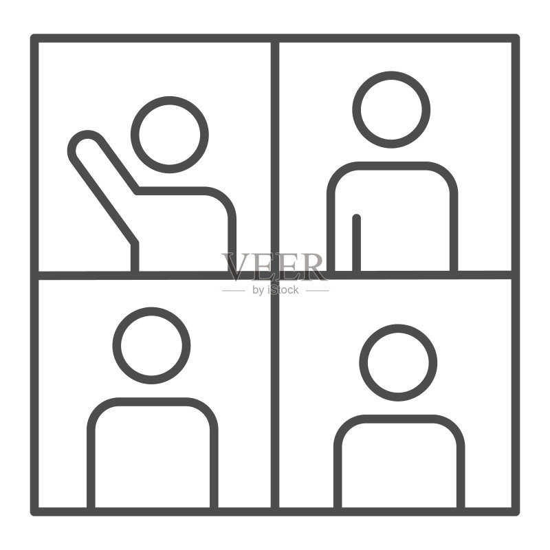 视频会议细线图标,远程工作概念,通过电话会议在线学习或会议的标志在白色背景上,在线网络研讨会图标在轮廓样式。矢量图形。图标素材
