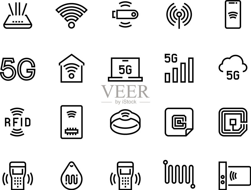 WIFI线条图标5G无线技术和无线电图标素材