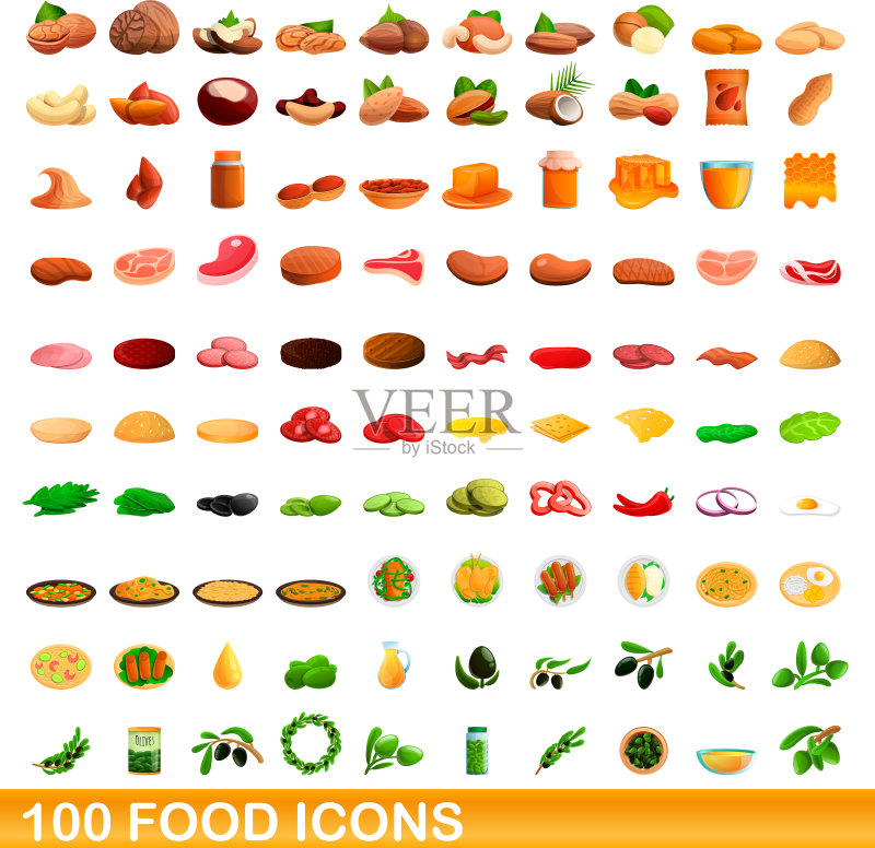 100个食物图标集,卡通风格图标素材