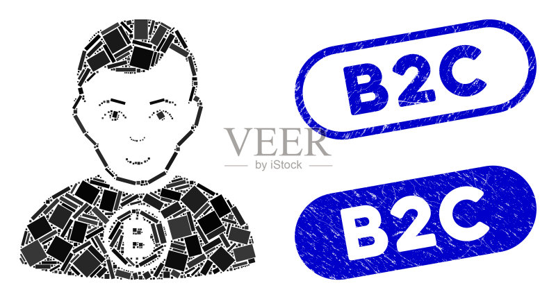 矩形拼贴:比特币男人与复古B2C图标素材