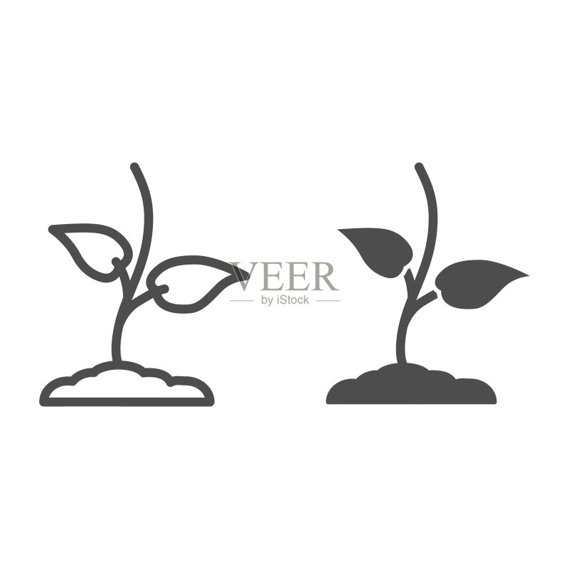带叶小苗线条图标,春季概念,白色背景上的幼苗标志,土壤中生长的小苗轮廓样式图标,适用于移动概念和网页设计矢量图形图标素材