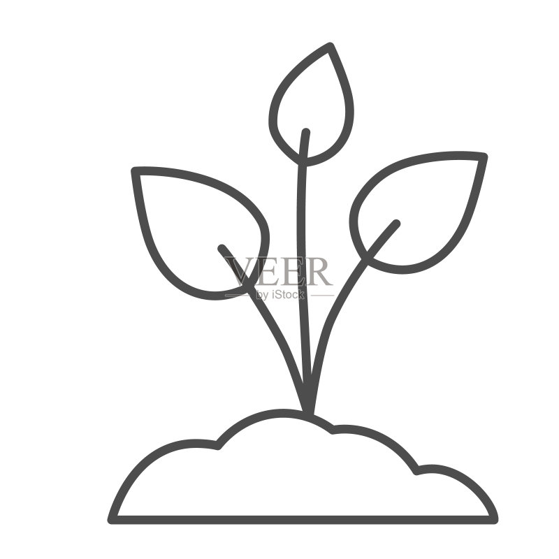 三叶树苗细线图标,自然概念,白色背景土壤中种植的幼苗标志,移动概念和网页设计的轮廓风格的幼苗图标。矢量图形。图标素材