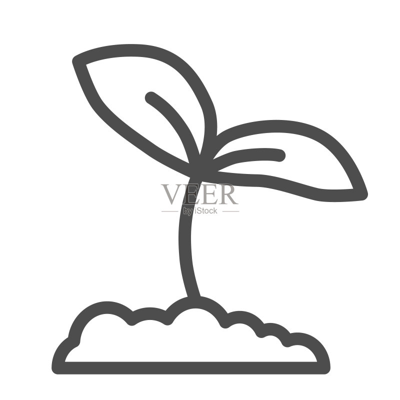 从地面发芽的植物线条图标:生态概念,白色背景上土壤中种子萌发的符号,移动和Web的轮廓样式中的幼苗生长图标,矢量图形图标素材