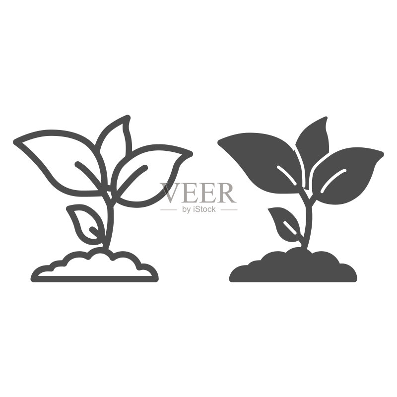 植物嫩芽线性图标,农业概念,白色背景下的幼苗生长叶子标志,用于移动概念和网页设计的轮廓样式图标素材