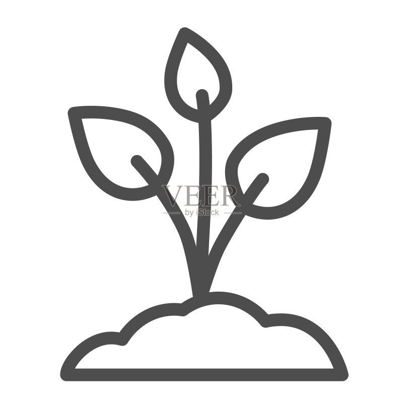 三叶树苗线性图标,自然概念,在白色背景上发芽的幼苗种植在土壤中,用于移动概念和网页设计的轮廓样式的幼苗图标。矢量图形。图标素材