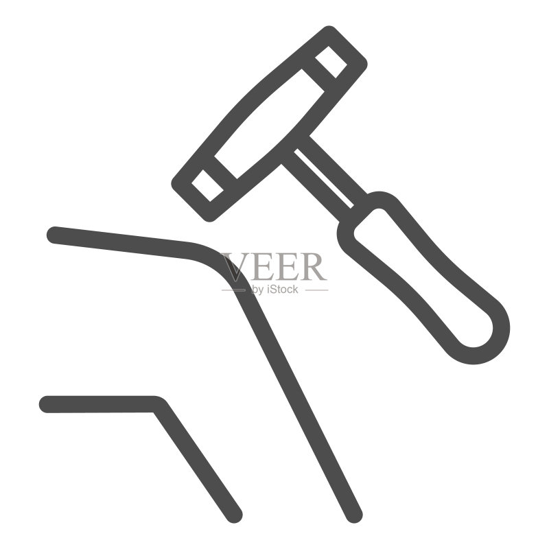 人类膝盖与医用锤子线条图标:白色背景上的健康护理概念,用锤子检查膝盖反应,医疗反射锤轮廓图标矢量图形图标素材