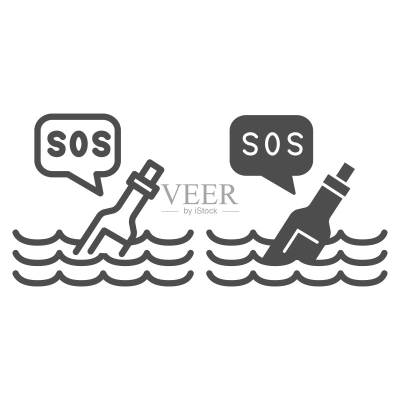 漂流瓶SOS信息图标,海洋概念波浪背景矢量图图标素材