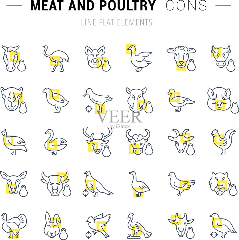 肉类和家禽线性图标集图标素材