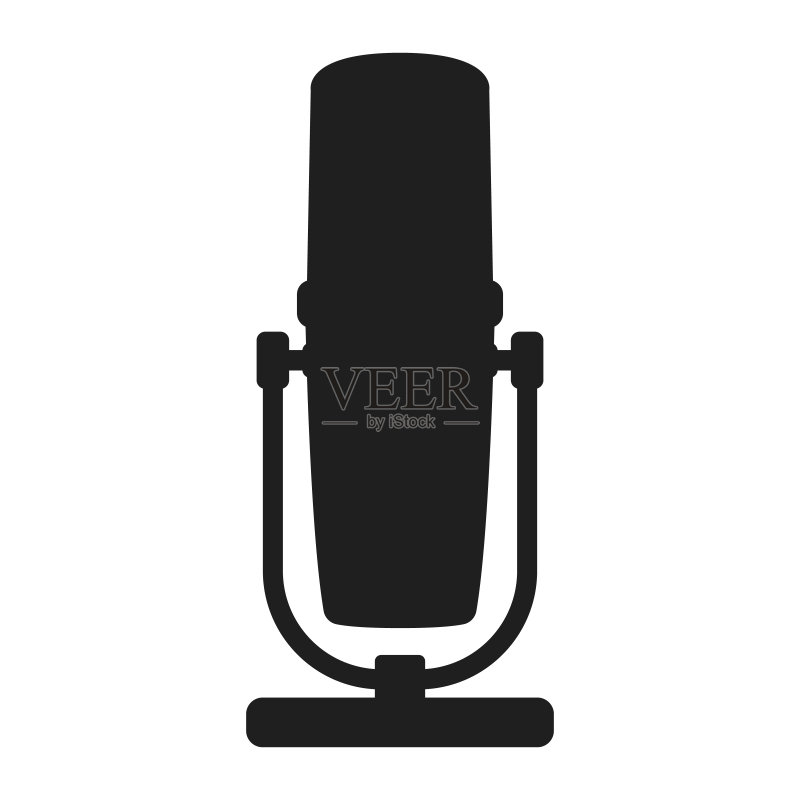 用于广播、在线互联网流媒体和播客概念图标的专业麦克风黑色轮廓简单矢量图,与白色隔离图标素材
