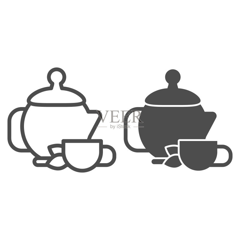 绿茶茶壶和茶杯线条图标,中式茶具图标素材