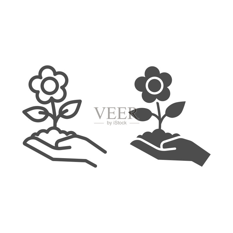 手捧土壤中的花朵,园艺概念图标素材