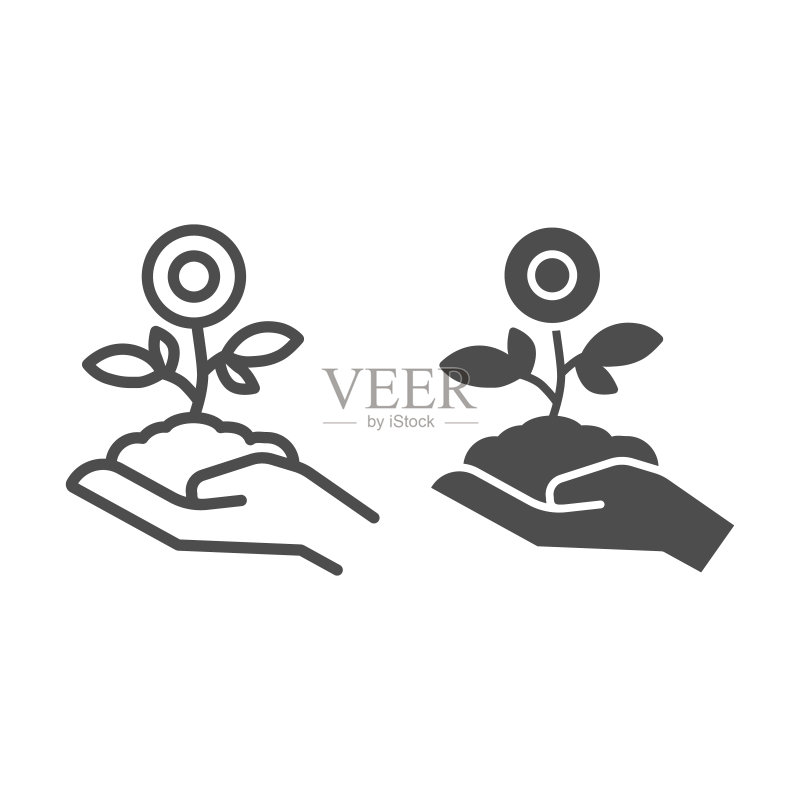 手捧花卉植物线条图标,春季概念,手持幼苗矢量图,适用于移动端和网页图标素材
