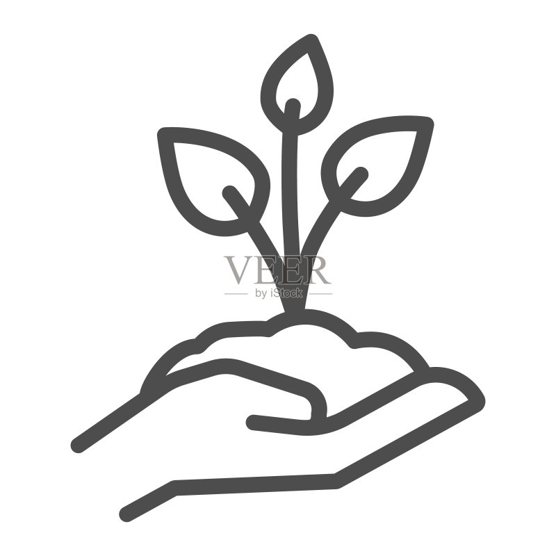 手捧三叶嫩芽的细线图标,拯救自然概念,人类手掌上的幼苗土壤标志,幼苗图标,轮廓样式矢量图形图标素材