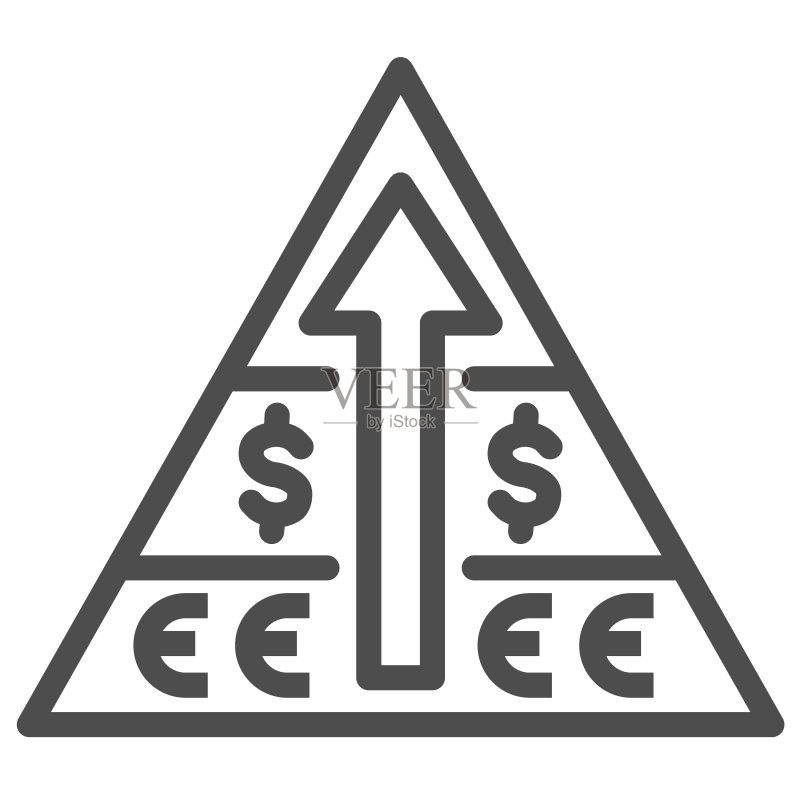 美元欧元符号上升箭头金字塔图标,商业策略概念,白色背景金融金字塔储蓄图,轮廓风格矢量图图标素材