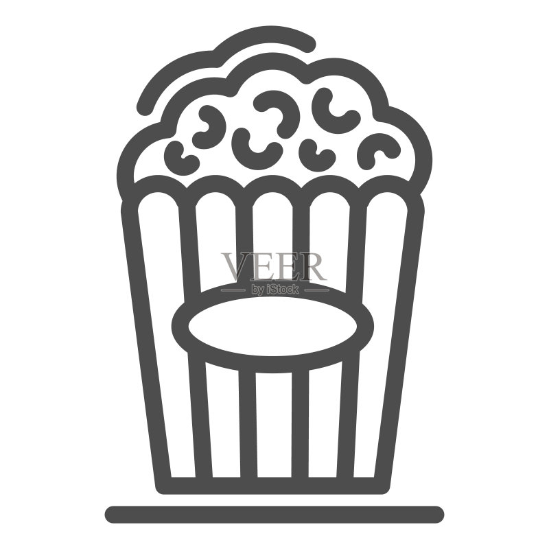 爆米花线性图标,电影院概念,白色背景上的电影食品标志,条纹盒子中的爆米花轮廓样式图标,适用于移动概念和网页设计。矢量图形。图标素材