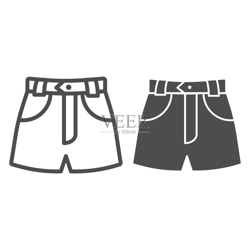 牛仔短裤线条和实体图标,夏季服装概念,白色背景上的短裤标志,移动概念和网页设计的轮廓风格的女性夏季牛仔裤图标,矢量图形图标素材