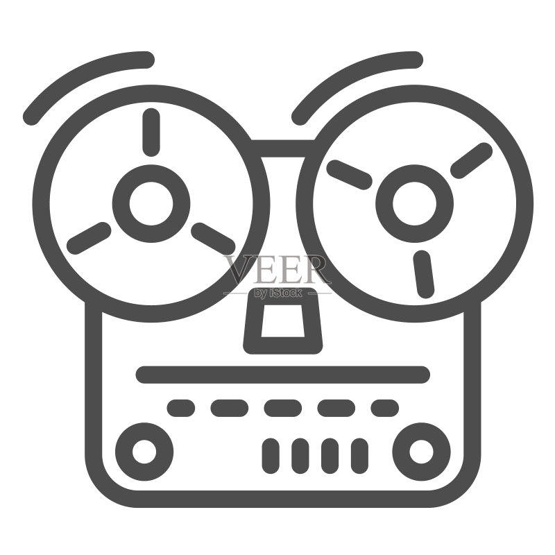 录音机线图标,音乐概念,白色背景上的旧卷轴录音机标志,用于移动概念和网页设计的轮廓风格的开放式卷轴录音机图标。矢量图形。图标素材