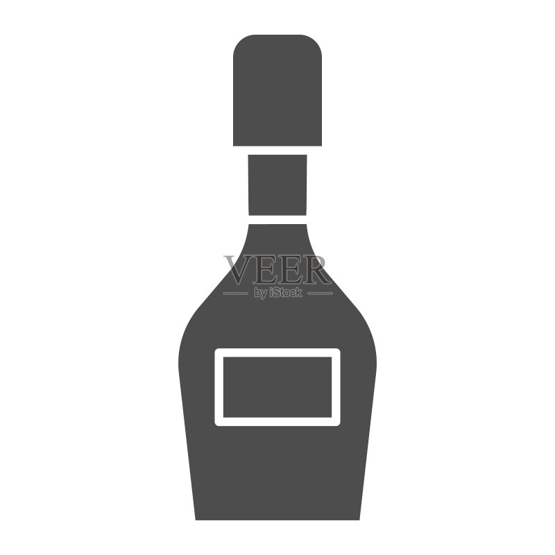 香槟酒瓶实体图标,酒精饮料概念,白色背景上的香槟标志,移动概念和网页设计的字形风格的酒瓶图标。矢量图形图标素材
