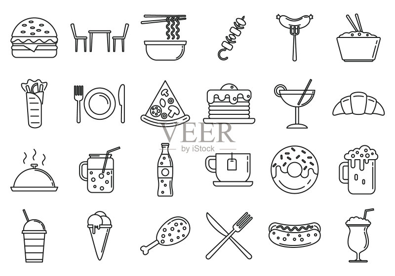 节日美食广场图标集描边风格图标素材