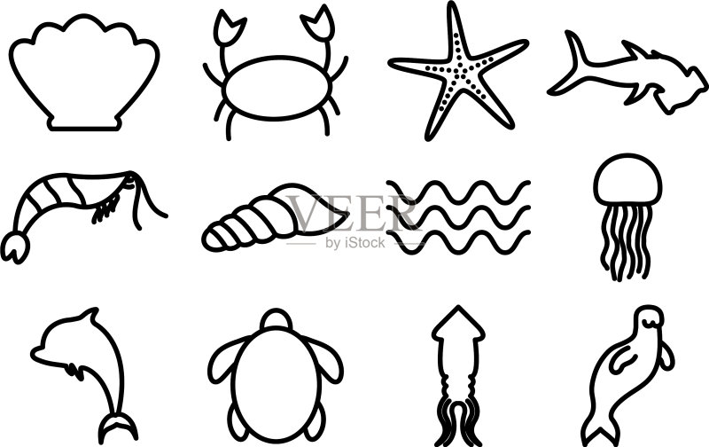 海洋生物轮廓风格图标集图标素材