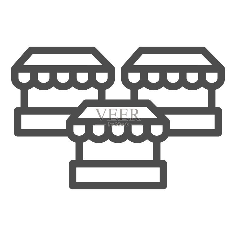 摊位线性图标,市场概念,白色背景上的三个街边店铺标志,用于移动概念和网页设计的集市摊位轮廓样式图标。矢量图形。图标素材